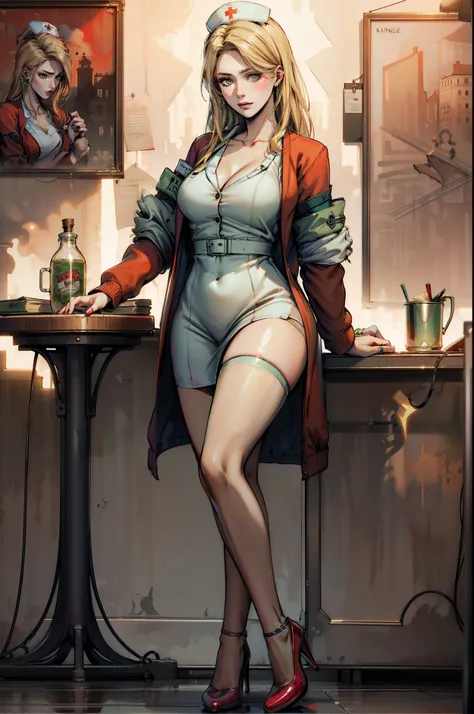  LisaGarlandSH, Nurse, White Nurse dress, Red Cardigan, Blonde long hair, Green eyes, red high heels, Foggy dark town,