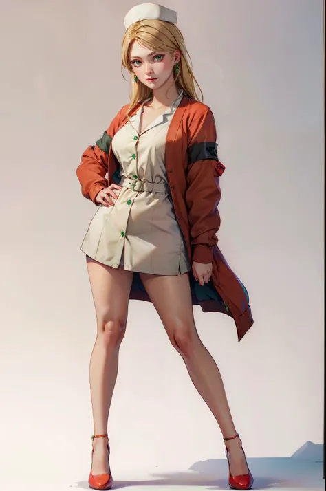  LisaGarlandSH, Nurse, White Nurse dress, Red Cardigan, Blonde long hair, Green eyes, red high heels, Neutral pose, Neutral expression,