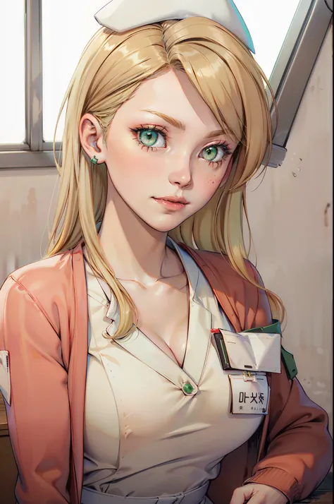  LisaGarlandSH, Nurse, White Nurse dress, Red Cardigan, Blonde long hair, Green eyes, Neutral pose, Neutral expression, close up shot,