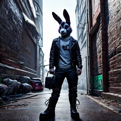 'Bad Bunny' a gritty, yet irresistibly, embodying a pure rebel with an aggressively spiked mohawk that shimmers with iridescent metallic hues of electric blue and violet. Its fur is a deep charcoal grey, accented by subtle patches of glowing, alien green. ...