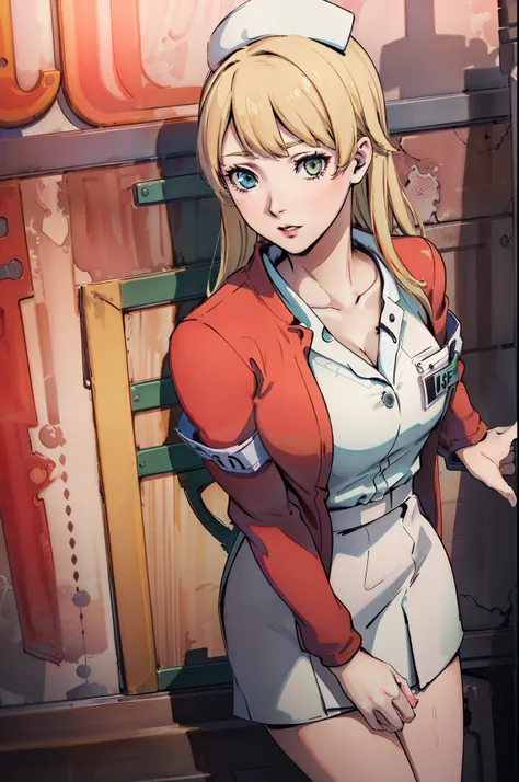  LisaGarlandSH, (extremely detailed CG unity 4k wallpaper),(best illustration),(best shadow),(absurdres), Nurse, White Nurse dress, Red Cardigan, Blonde long hair, Green eyes, 