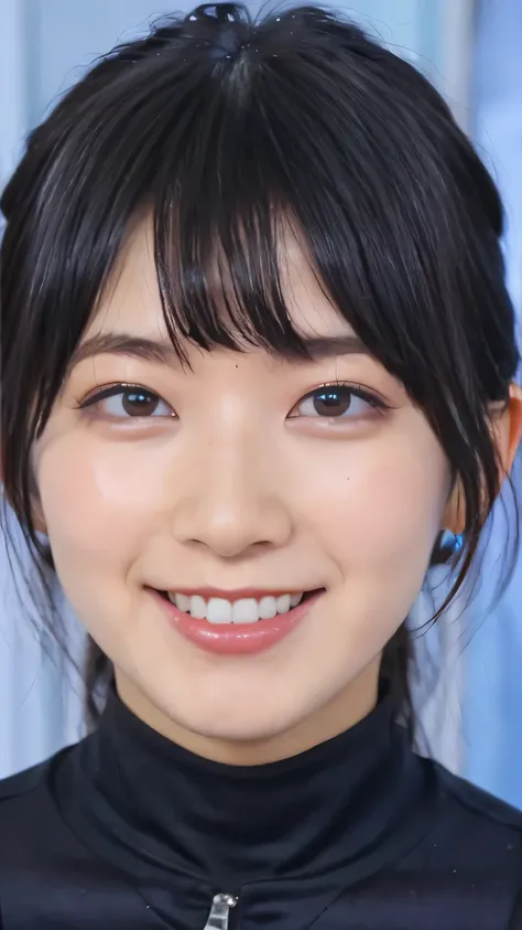 High Res Photos Of Young Japanese Female Idols, Intricate details, Highly detailed, sharp concentration, solo, 1 girl repairing her left hand, face focus, face close-up, white bodysuit, Detailed face, Detailed eyes, Alluring eyes, natural makeup ,Smiling