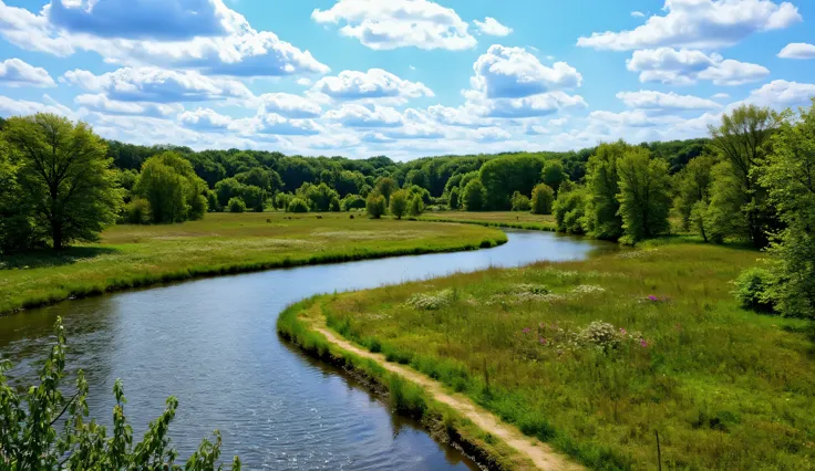 Aerial perspective,Bend the river,colorful,reality,HD photography,Vast garden,Blue Sky and White Clouds,Sunny,flowers blooming,Gentle breeze,shady trees,Peaceful and relaxed,aerial photography very high resolution,professional aerial effects,Vivid and rea...