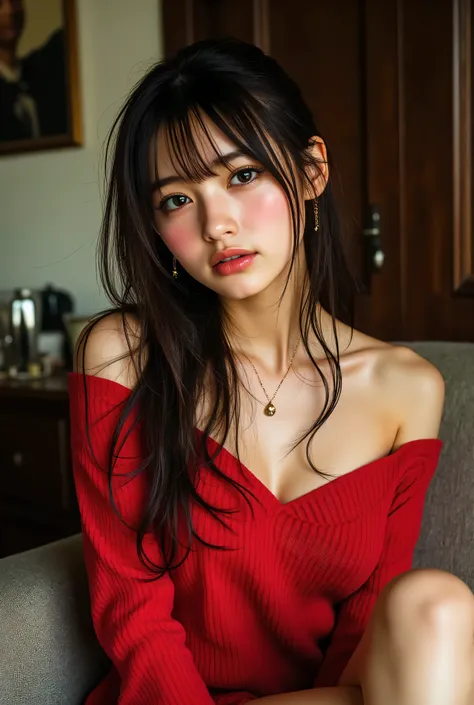 ((with text written on them)), ((Photorealistic:1.5)), (NSFW), Top quality, masterpiece, Ultra high resolution, realistic, absurd, ((very sexy pose)), ((black tight knit dress with off-shoulder and short length)), (1 person), ((very sexy and seductive pose...