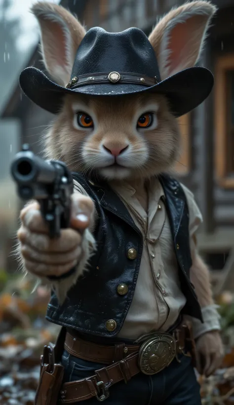((Highest quality)), ((masterpiece)), (detailed), ((very detailed face)), High resolution photograph, ((full body portrait)), (A charming villain), Bad Bunny, (a cute rabbit gunslinger, wearing a black leather cowboy hat, a gun belt around his waist, and c...
