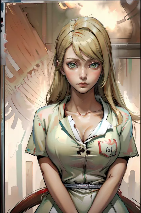 style of Tsutomu Nihei , (incredibly absurdres , (high resolution:1 . 18) , intricate detail , (masterpiece:1 . 1) , (highest quality:1 . 1) , absurdres) , LisaGarlandSH, silent hill style, Nurse, White Nurse dress, Red Cardigan, Blonde long hair, Green ey...