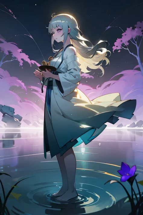 A serene female young girl Naiad (a water spirit in human form), very young,about ten years of age, with pale white skin and long silvery hair that flows like water even when still. Her violet eyes are calm and otherworldly, and her entire form has a soft ...