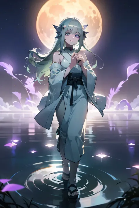 A serene female young girl Naiad (a water spirit in human form), very young,about ten years of age, with pale white skin and long silvery hair that flows like water even when still. Her violet eyes are calm and otherworldly, and her entire form has a soft ...