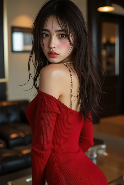 ((with text written on them)), ((Photorealistic:1.5)), (NSFW), Top quality, masterpiece, Ultra high resolution, realistic, absurd, ((very sexy pose)), ((black tight knit dress with off-shoulder and short length)), (1 person), (((Shooting from head to knee ...