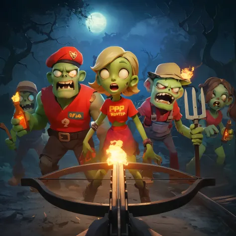 Midjourney Niji Stylized drawing: 1.5,Night: 1.3, A few cute little zombies,facing the camera, Terrified expression , red top ,Light green skin,Appropriately exaggerated body proportions, vivid expressions, three-dimensionality, expressiveness, and atmosp...