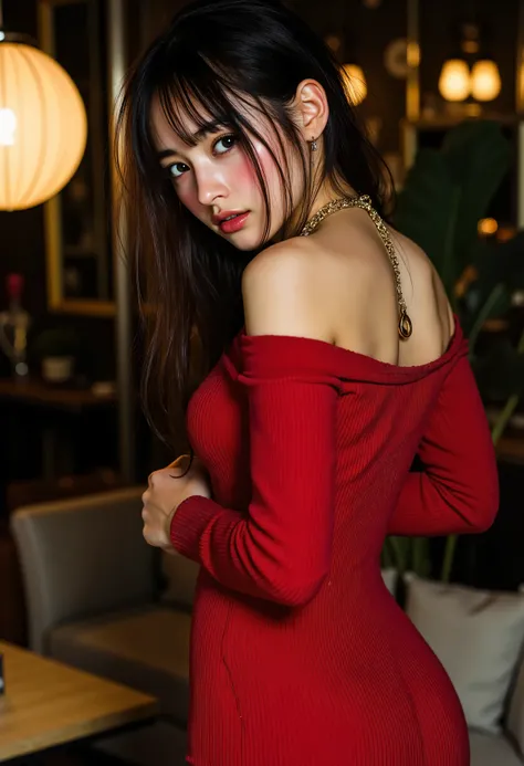 ((with text written on them)), ((Photorealistic:1.5)), (NSFW), Top quality, masterpiece, Ultra high resolution, realistic, absurd, ((very sexy pose)), ((black tight knit dress with off-shoulder and short length)), (1 person), (((Shooting from head to knee ...