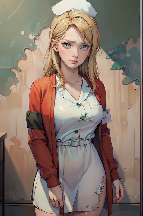  LisaGarlandSH, (extremely detailed CG unity 4k wallpaper),(best illustration),(best shadow),(absurdres), Nurse, White Nurse dress, Red Cardigan, Blonde long hair, Green eyes, nervous pose, concerned expression, Abandoned Dark hospital interior background,...
