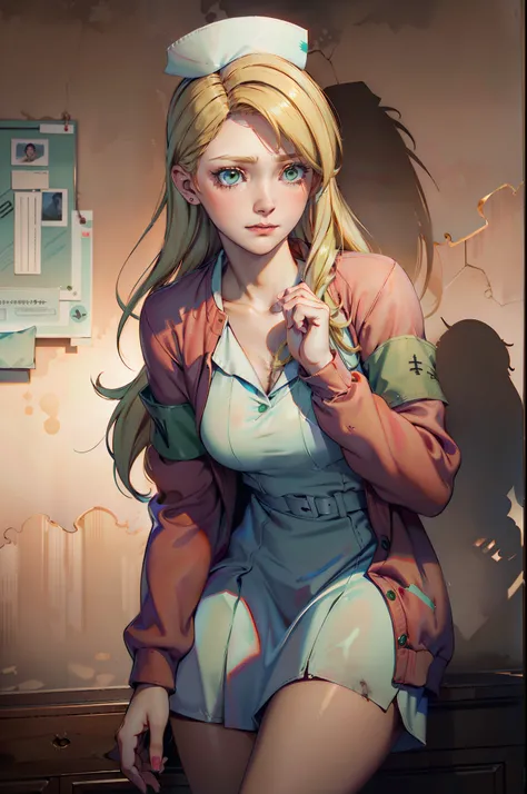  LisaGarlandSH, (extremely detailed CG unity 4k wallpaper),(best illustration),(best shadow),(absurdres), Nurse, White Nurse dress, Red Cardigan, Blonde long hair, Green eyes, nervous pose, concerned expression, Abandoned Dark hospital interior background,...