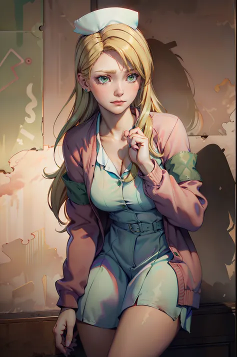  LisaGarlandSH, (extremely detailed CG unity 4k wallpaper),(best illustration),(best shadow),(absurdres), Nurse, White Nurse dress, Red Cardigan, Blonde long hair, Green eyes, nervous pose, concerned expression, Abandoned Dark hospital interior background,...