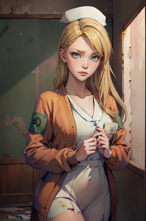 LisaGarlandSH, (extremely detailed CG unity 4k wallpaper),(best illustration),(best shadow),(absurdres), Nurse, White Nurse dress, Red Cardigan, Blonde long hair, Green eyes, nervous pose, concerned expression, Abandoned Dark hospital interior background,