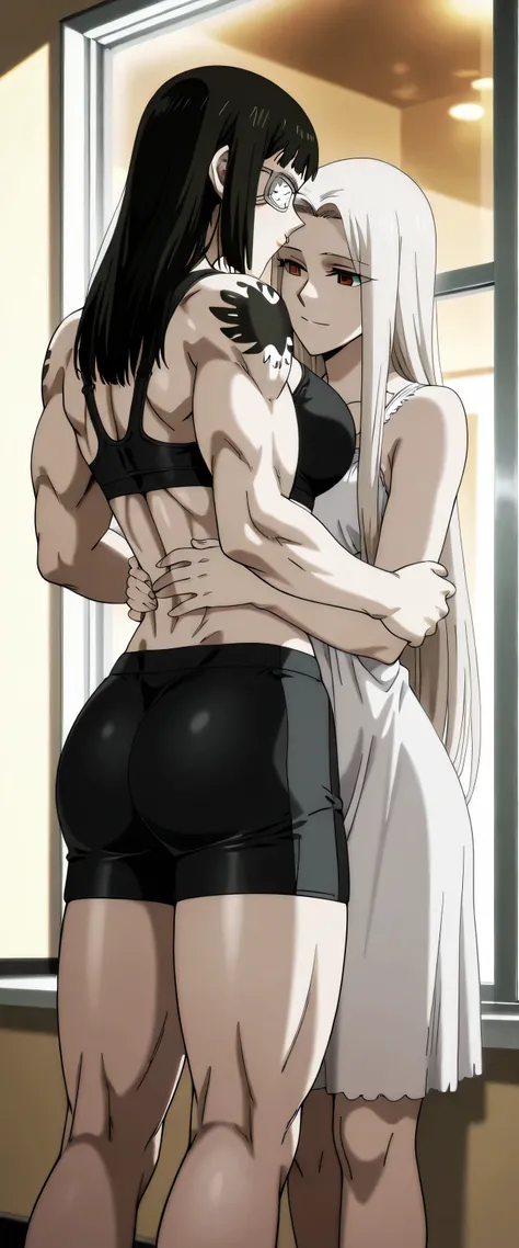 2girl,solo,mm,mature female,black hair,eyepatch,brown eyes,,anime coloring,long hair,
muscular,black tight sport bra and black tight sport Elastic shorts,cowboy shot, , ,outside the window in hotel, tattoo, 
,masterpiece,best quality,amazing quality,,muscl...