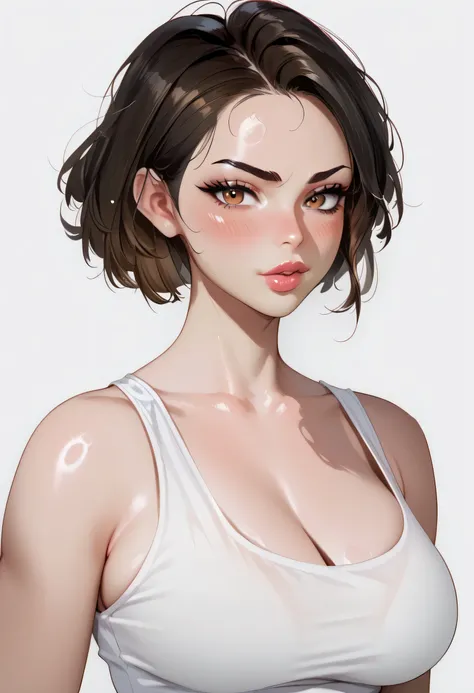 perfect face, black hair, medium hair, black eyebrows, thin eyebrows, brown eyes, blush, thick lips, round tank top, white tank top, (large breasts 1.3), from side, looking at viewer, white background