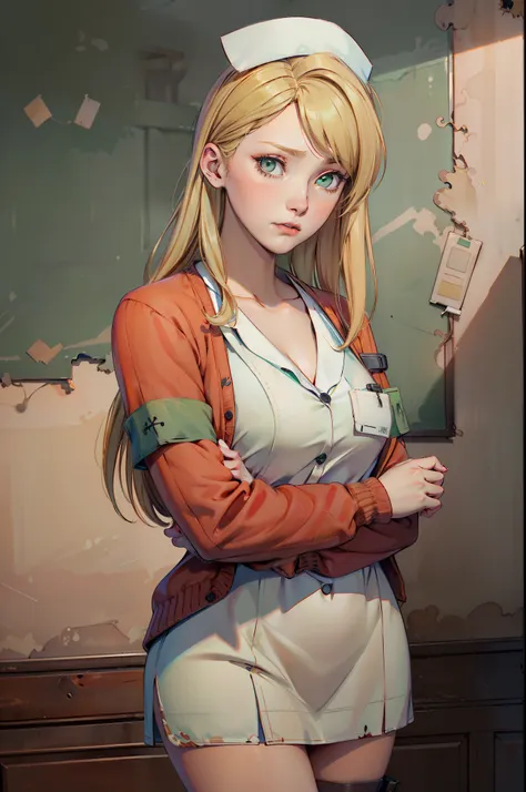 LisaGarlandSH, (extremely detailed CG unity 4k wallpaper),(best illustration),(best shadow),(absurdres), Nurse, White Nurse dress, Red Cardigan, Blonde long hair, Green eyes, nervous pose, concerned expression, Abandoned Dark hospital interior background,