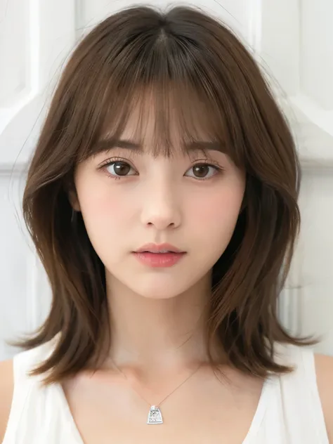 Close-up of a brown-haired woman in a white shirt, Shoulders - Length hair, Medium length hair, Curtain bang, Medium length hair, with short hair, Shoulder-length hair, White princess cut hairstyle, Korean symmetrical face, short～Medium Hair, Neat hairstyl...