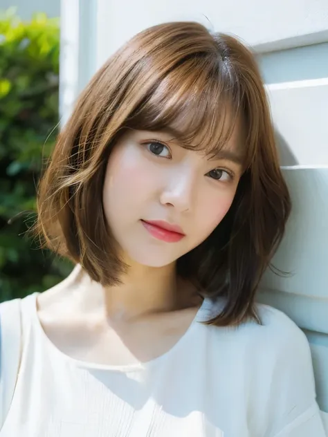 Close-up of a brown-haired woman in a white shirt, Shoulders -  short hair, Shoulder-length hair, 、薄い茶髪、カメラ目線、長袖ブラウス、、White wall、In front of a white door、((窓のあるWhite wallの部屋))、Various poses、Simple Necklace、look at the camera