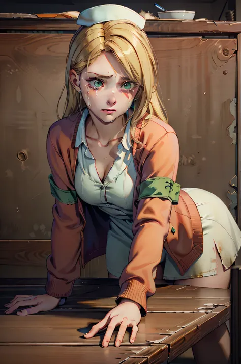 LisaGarlandSH, (extremely detailed CG unity 4k wallpaper),(best illustration),(best shadow),(absurdres), White Nurse dress, Red Cardigan, Blonde long hair, Green eyes, hiding under a table with a frightened expression, crying, Abandoned Dark hospital inter...