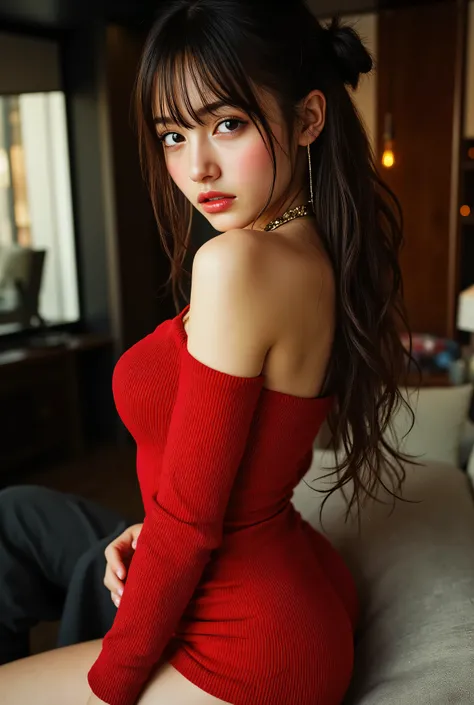 ((with text written on them)), ((Photorealistic:1.5)), (NSFW), Top quality, masterpiece, Ultra high resolution, realistic, absurd, ((very sexy pose)), ((black tight knit dress with off-shoulder and short length)), (1 person), (((Shooting from head to knee ...