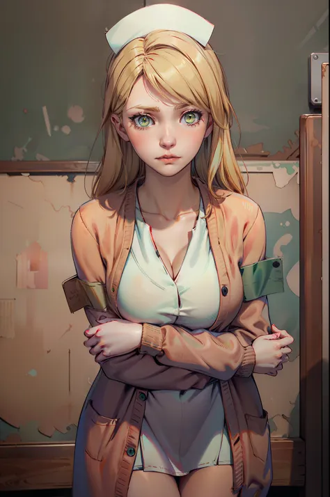 LisaGarlandSH, (extremely detailed CG unity 4k wallpaper),(best illustration),(best shadow),(absurdres), Nurse, White Nurse dress, dark Red Cardigan, Blonde long hair, Green eyes, nervous pose, concerned expression, Abandoned Dark hospital interior backgro...