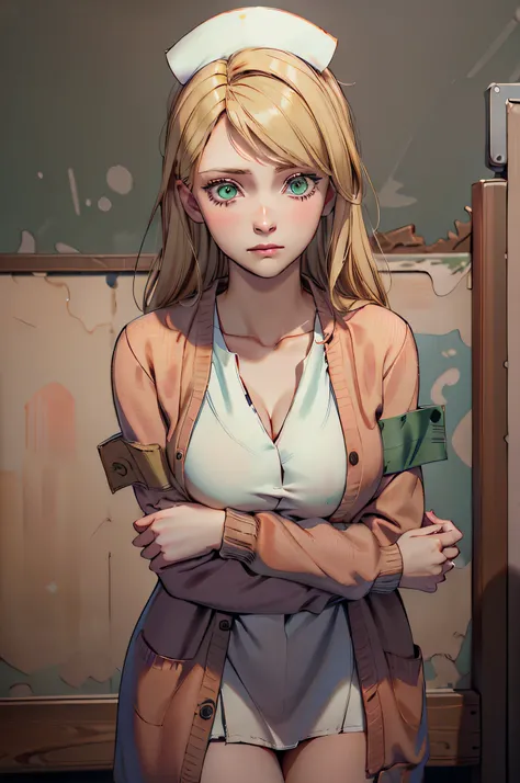 LisaGarlandSH, (extremely detailed CG unity 4k wallpaper),(best illustration),(best shadow),(absurdres), Nurse, White Nurse dress, dark Red Cardigan, Blonde long hair, Green eyes, nervous pose, concerned expression, Abandoned Dark hospital interior backgro...