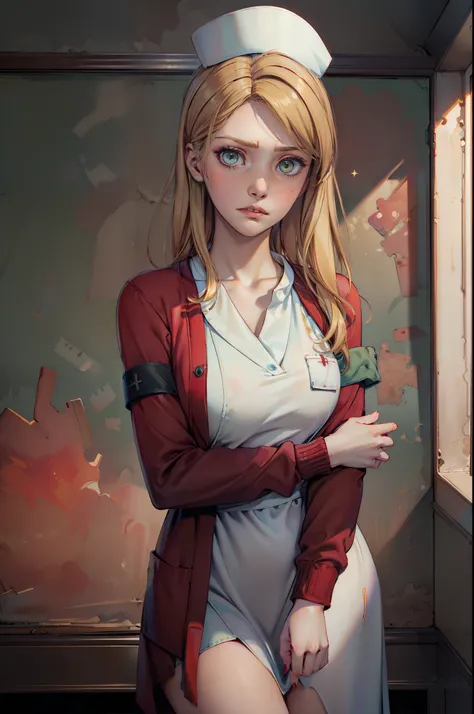 LisaGarlandSH, (extremely detailed CG unity 4k wallpaper),(best illustration),(best shadow),(absurdres), White Nurse dress, burgundy Cardigan, Blonde long hair, Green eyes, nervous pose, concerned expression, Abandoned Dark hospital interior background,