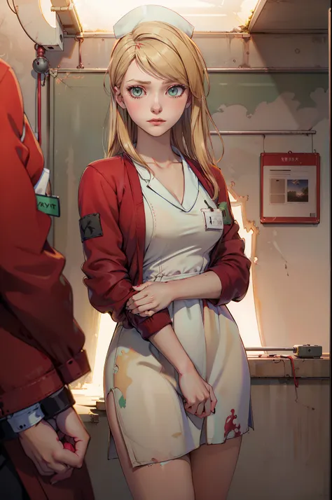 LisaGarlandSH, (extremely detailed CG unity 4k wallpaper),(best illustration),(best shadow),(absurdres), White Nurse dress, burgundy Cardigan, Blonde long hair, Green eyes, nervous pose, concerned expression, Abandoned Dark hospital interior background,