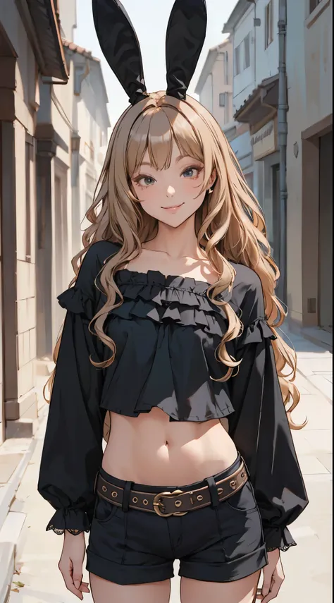 girl, body tilt, black bunny ears, very long hair, wavy hair, bangs, light-brown hair, black ruched tube top, navel, BREAK, open black shirt, long sleeves, ruffles trim, detailed pleated textures, black short shorts, stylish belt, looking at viewer, shamef...