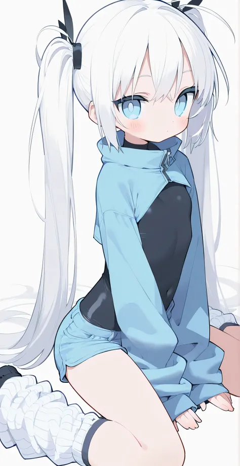 short pants, flat chest, clothed, covered body, tight clothes, cropped clothes, oversized longsleeve, loose socks, white hair, light blue eyes, twintail, small breasts, wariza