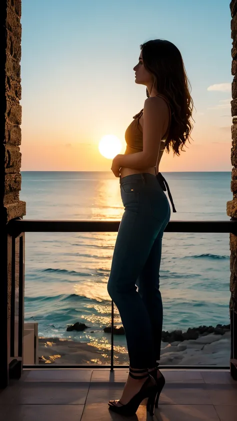 A cinematic portrait photograph captures a woman silhouetted against a dramatic black blue orange sunset viewed from a stone balcony overlooking the turquoise sea. She stands with a contemplative gaze, her long wavy hair elegantly tied up, wearing navy blu...
