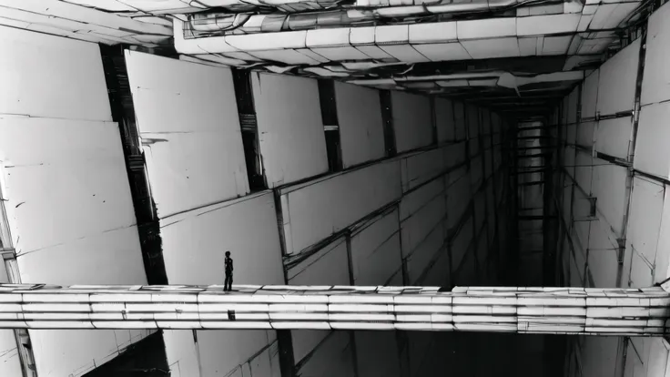 A lone male warrior standing in a vast dystopian megastructure, inspired by Tsutomu Nihei's BLAME!, wearing a sleek black tactical exosuit with modular armor plates and complex belt systems, holding a red-accented high-tech handgun. He has short black hair...