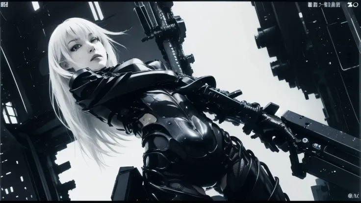 solo,blame, tsutomu nihei, by tsutomu nihei,movie, cibo, GBE,1girl ,ova, 特写镜头,聚焦她的眼睛,long hair, Platinum blonde hair,cybernetic female android, emotionless pale face, white long straight hair with blunt bangs, wearing black mechanical bodysuit with armored...
