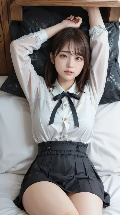masterpiece, Best Quality, Illustration, Super Detailed, Fine Details, high resolution, 8k,Wallpaper, Perfect Dynamic Composition,(detailed high quality, eyes:1.3), lying on a bed, short hair, (Wave Hair:1.2), high school classroom、High School Girl Uniform...