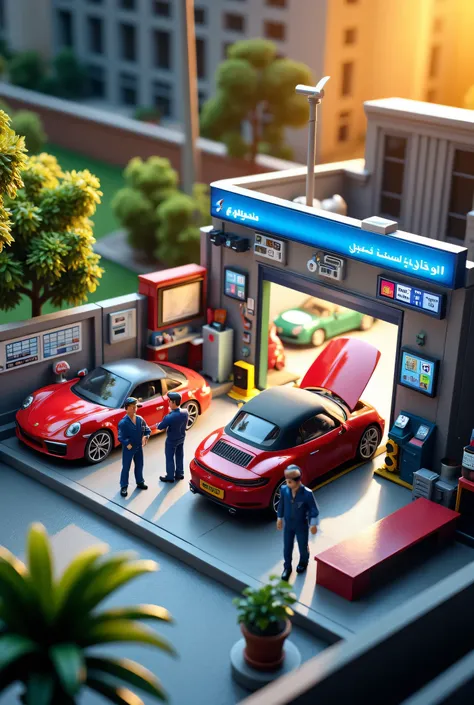“A miniature garage workshop scene in Tiny Figures style, showing a small, bustling auto repair center with tiny mechanics working on cars. Include detailed miniature tools, car lifts, diagnostic machines, and a front desk with a digital display showing ‘S...