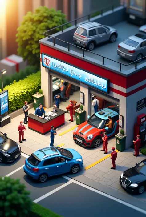 “A miniature garage workshop scene in Tiny Figures style, showing a small, bustling auto repair center with tiny mechanics working on cars. Include detailed miniature tools, car lifts, diagnostic machines, and a front desk with a digital display showing ‘S...
