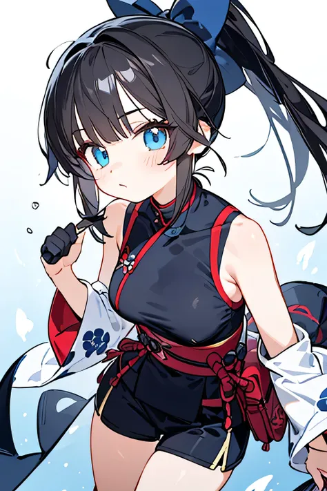 NINJA WIND,Beautiful girl,((nape ponytail)),mystical vibe, natural body,Hand guard,(sleeveless x kimono style+long hem x shorts=navy blue ninja costume)Niso x foot bag,Detailed Clothes,(Slender Body,marshmallow breasts ,),BEAUTIFUL BLACK HAIR,Beautiful blu...