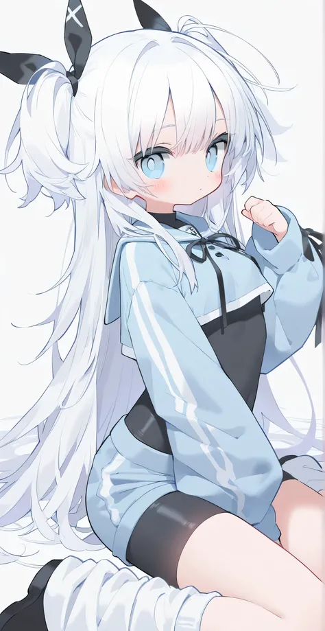 short pants, flat chest, clothed, covered body, black tight clothes, light blue cropped clothes, oversized longsleeve, loose socks, white hair, light blue eyes, two side up, medium breasts, wariza, black ribbon
