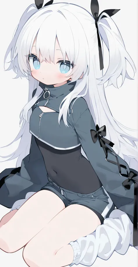 short pants, flat chest, clothed, covered body, black tight clothes, light blue cropped clothes, oversized longsleeve, loose socks, white hair, light blue eyes, two side up, medium breasts, wariza, black ribbon
