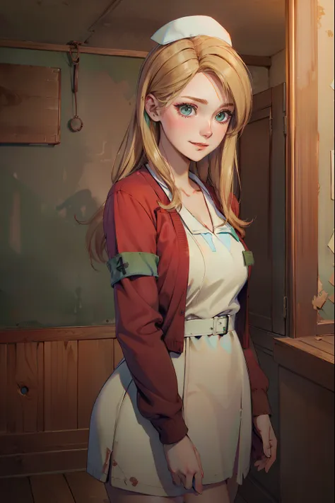 LisaGarlandSH, (extremely detailed CG unity 4k wallpaper),(best illustration),(best shadow),(absurdres), White Nurse dress, burgundy Cardigan, Blonde long hair, Green eyes, nervous pose, weak fake smile, Abandoned Dark hospital interior background,