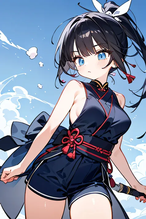 NINJA WIND,Beautiful girl,((Under ponytail)),mystical vibe, natural body,Hand guard,(sleeveless x kimono style+long hem x shorts=navy blue ninja costume)Niso x foot bag,Detailed Clothes,(Slender Body,marshmallow breasts ,),BEAUTIFUL BLACK HAIR,Beautiful bl...
