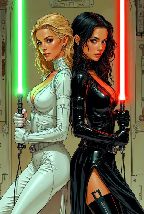 Score_9, score_8_up, score_7_up, ((highest quality)), ((masterpiece)), Perfect Face, (High definition), (Best Shadow), 8k, cinematic. Luis Royo's style, comics sexy art. Two sexiest characters in revealing dress (half-bust:1.2), (1)a Jedi blonde woman with...
