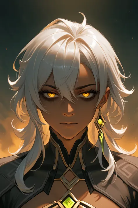 Xilone from genshin impact, big , tanned, Very detailed yellow eyes, long curly hair, badass, epic, cinematic, front view, death stare, dead eyes, hot, attractive, detailed face, long eyelashes, 