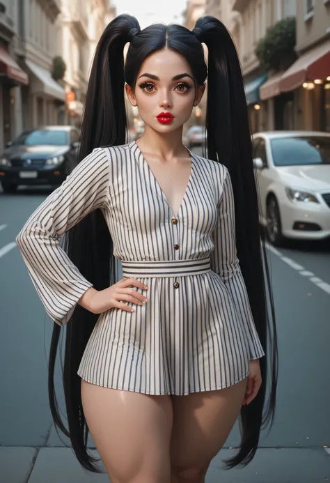 on street, perfect face, very long twintails hair, black hair, black eyebrows, thin eyebrows, big eyes, brown eyes, full lipstick, beautiful woman, striped tunic round dress, small breasts, hand on hip, (thick thighs:1.3)