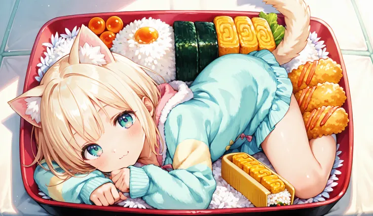 A cute anime catgirl with light blonde hair and fluffy cat ears, wearing a pastel mini dress, lying inside a bento box. She has a sweet, relaxed expression and is surrounded by neatly arranged Japanese food like sushi, rice balls, tamagoyaki, shrimp tempur...