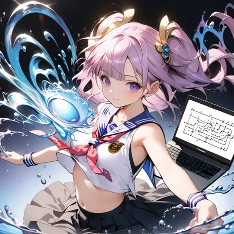 best detail、(((neon colored math formulas that overflow from laptop computers)))、The official one is green neon color、fractal art、(((Kakuhime who cools NOTEPC's CPU with water magic、cpu)))、(((AR、VR、The hidden princess is a scout where the formula is projec...