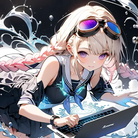 best detail、studying with a laptop、(((Kakuhime who cools NOTEPC's CPU with water magic、cpu)))、(((AR、VR、Kakure Hime wears goggles that show mathematical equations)))、1GIRL、pretty face、Baby Face、(((dynamic best configuration、Top quality、supreme masterpiece、s...