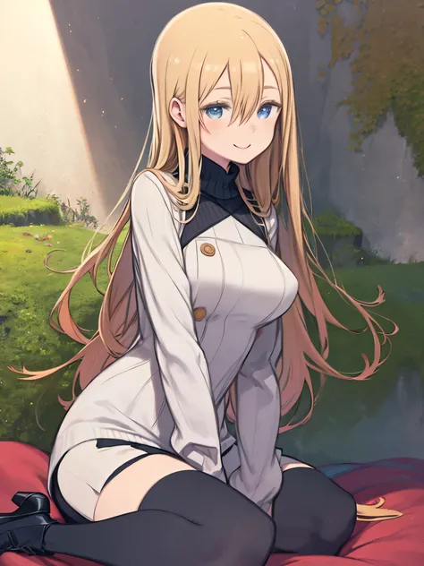 Big breasted woman sitting on sofa answering interview、turtleneck sweater、Smiling、The blond haired、hair between eyes、long hair、blue eyes、Moss green clothes、white skin、transparent black stockings、red face、put hands between legs、Smiling、slightly from the sid...